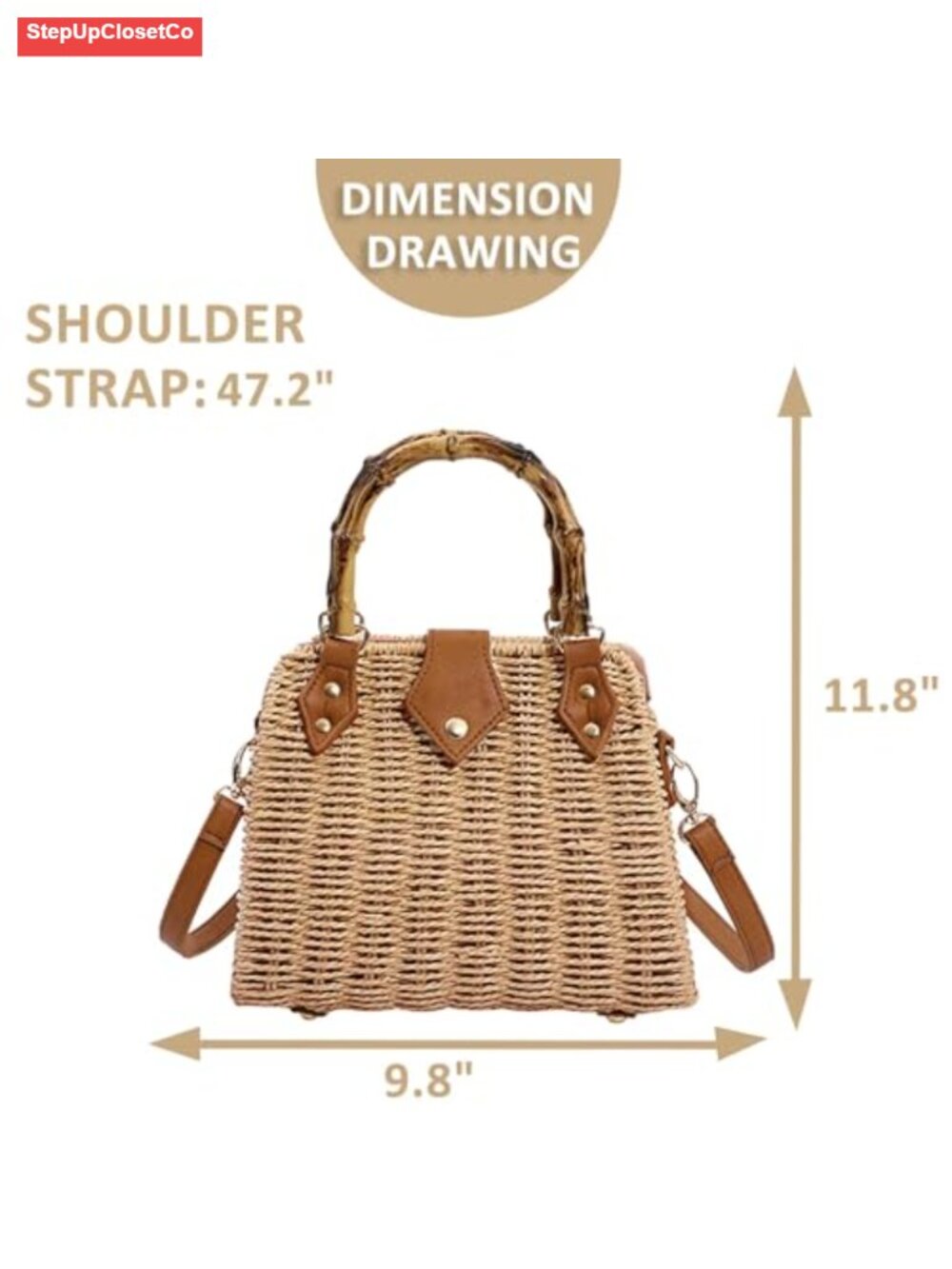Bohemian Handmade Straw Crossbody Bag Bamboo Handle Woven Beach Purse - Picture 4 of 6